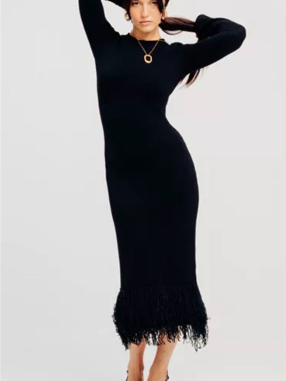 Torn by Ronny Kobo Black Long-Sleeve Fringe-Hem Midi Dress